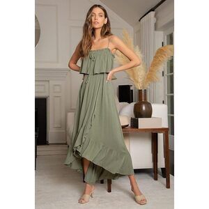 Lulus Sincerely Yours Olive Green Ruffled Midi Dress - Size S